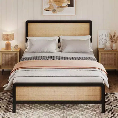 Coolmee Full/Queen Rattan Platform Bed, Bed Frame with Natural Rattan Headboard and Footboard, Metal Bed Frame with Under Bed Storage