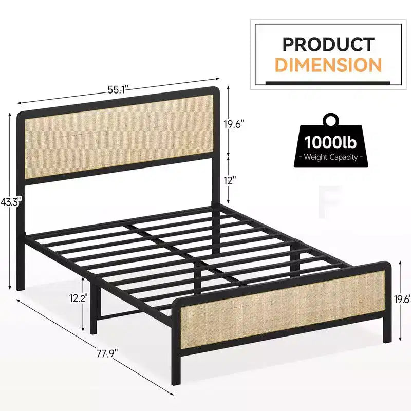 Struttura letto a piattaforma in rattan naturale e metallo nero, matrimoniale/queen, 1-2 persone