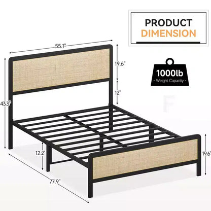 Struttura letto a piattaforma in rattan naturale e metallo nero, matrimoniale/queen, 1-2 persone