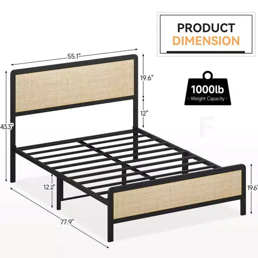 Struttura letto a piattaforma in rattan naturale e metallo nero, matrimoniale/queen, 1-2 persone