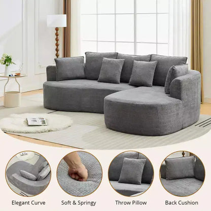 Divano componibile curvo in ciniglia beige/grigio/arancione con chaise longue, monoposto