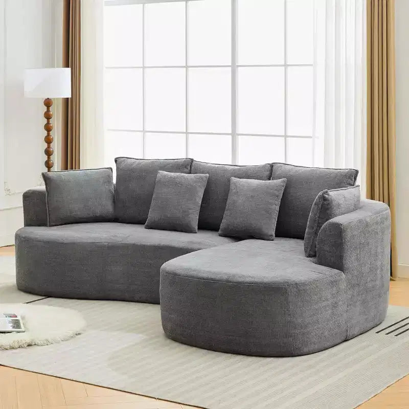 Divano componibile curvo in ciniglia beige/grigio/arancione con chaise longue, monoposto