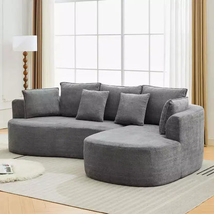 Divano componibile curvo in ciniglia beige/grigio/arancione con chaise longue, monoposto