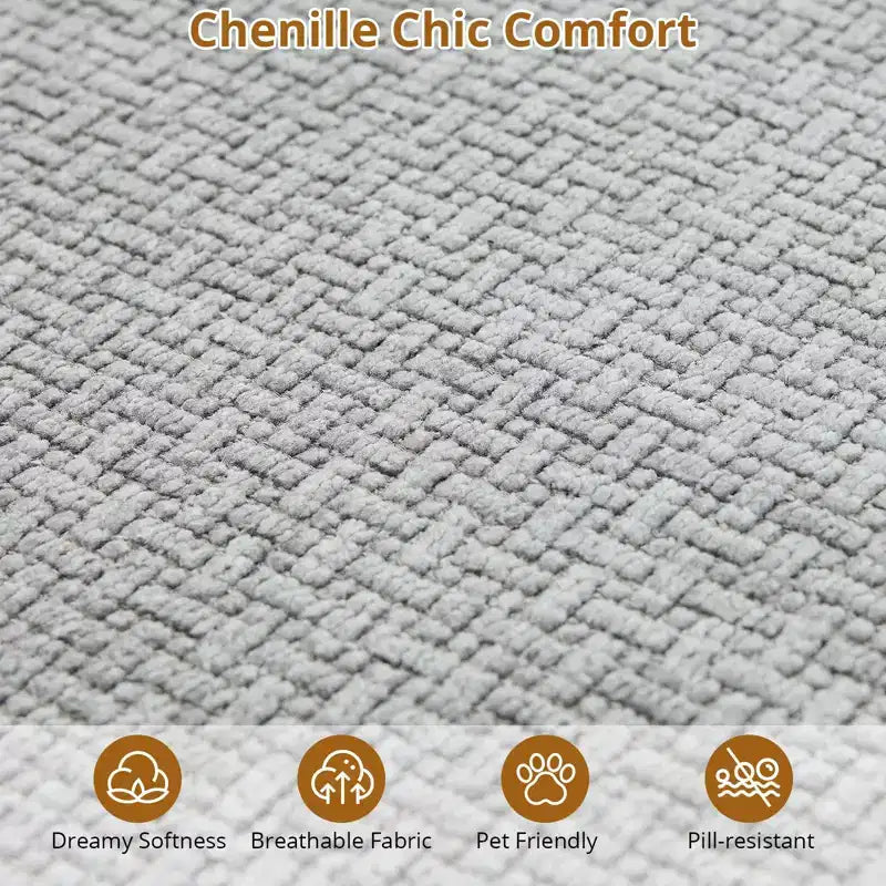Divano componibile curvo in ciniglia beige/grigio/arancione con chaise longue, monoposto