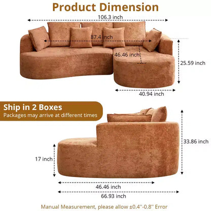 Divano componibile curvo in ciniglia beige/grigio/arancione con chaise longue, monoposto