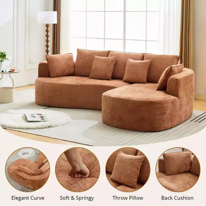 Divano componibile curvo in ciniglia beige/grigio/arancione con chaise longue, monoposto
