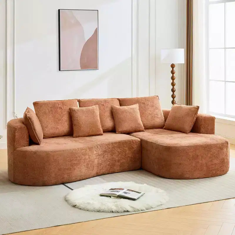 Divano componibile curvo in ciniglia beige/grigio/arancione con chaise longue, monoposto