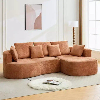 Divano componibile curvo in ciniglia beige/grigio/arancione con chaise longue, monoposto