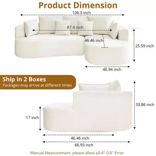 Divano componibile curvo in ciniglia beige/grigio/arancione con chaise longue, monoposto
