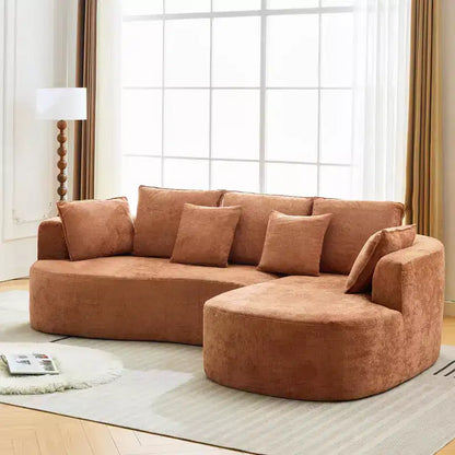 Divano componibile curvo in ciniglia beige/grigio/arancione con chaise longue, monoposto