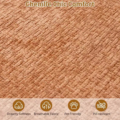 Divano componibile curvo in ciniglia beige/grigio/arancione con chaise longue, monoposto