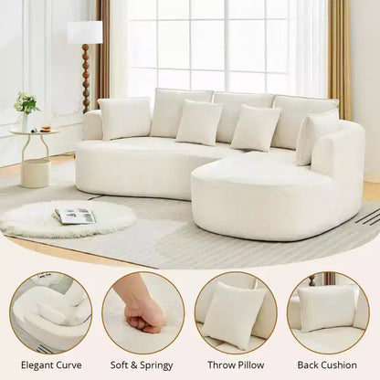 Divano componibile curvo in ciniglia beige/grigio/arancione con chaise longue, monoposto