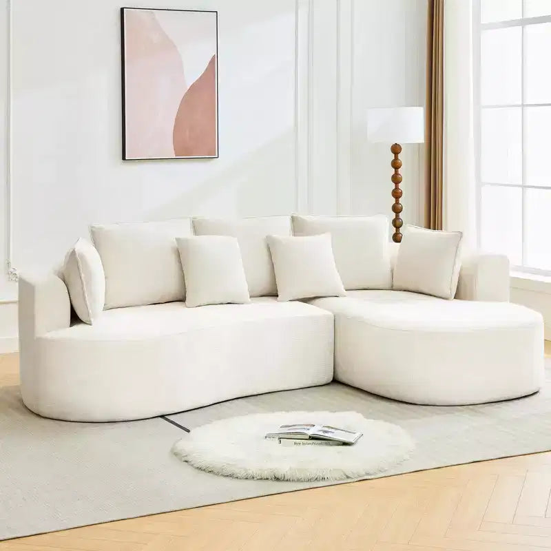 Divano componibile curvo in ciniglia beige/grigio/arancione con chaise longue, monoposto