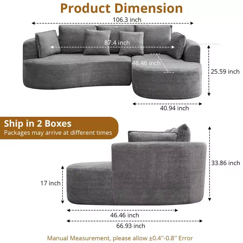 Divano componibile curvo in ciniglia beige/grigio/arancione con chaise longue, monoposto