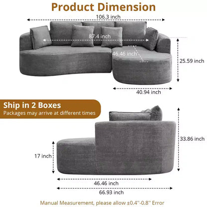 Divano componibile curvo in ciniglia beige/grigio/arancione con chaise longue, monoposto