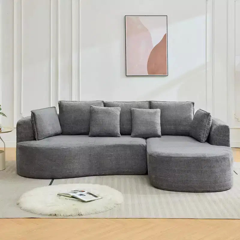 Divano componibile curvo in ciniglia beige/grigio/arancione con chaise longue, monoposto