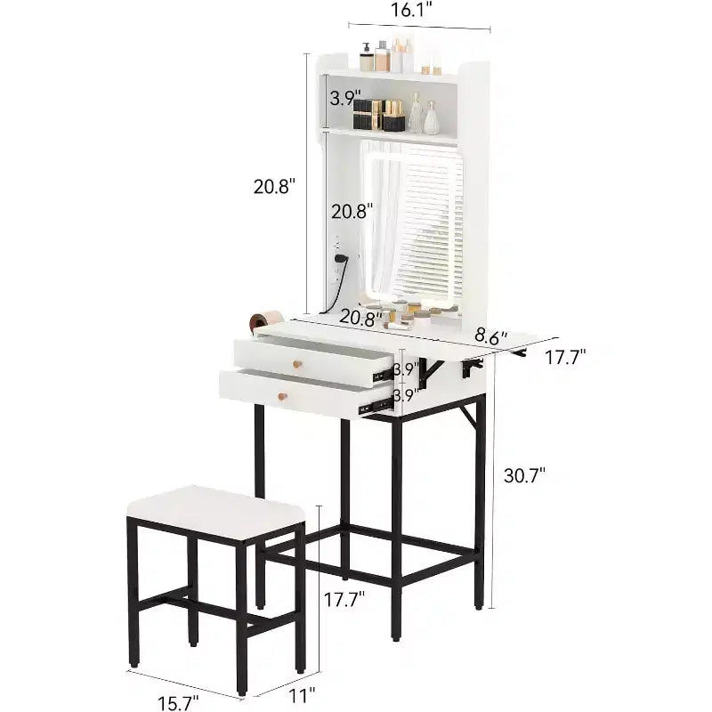 Set toeletta trucco bianco/nero con specchio, cassetti e porta asciugacapelli – 1 persona