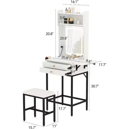 Set toeletta trucco bianco/nero con specchio, cassetti e porta asciugacapelli – 1 persona