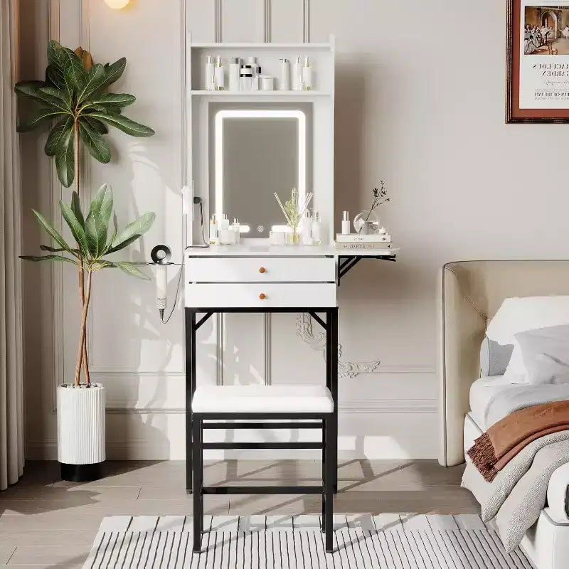 Set toeletta trucco bianco/nero con specchio, cassetti e porta asciugacapelli – 1 persona