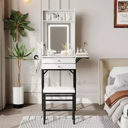 Set toeletta trucco bianco/nero con specchio, cassetti e porta asciugacapelli – 1 persona