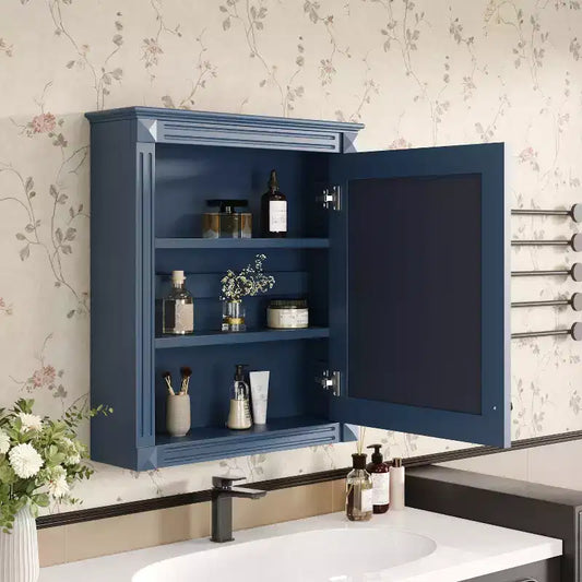 Mobile da bagno a parete con specchio, 3 ripiani, anta singola, Bianco / Blu