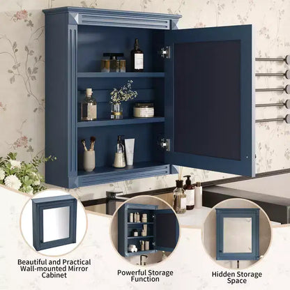 Mobile da bagno a parete con specchio, 3 ripiani, anta singola, Bianco / Blu