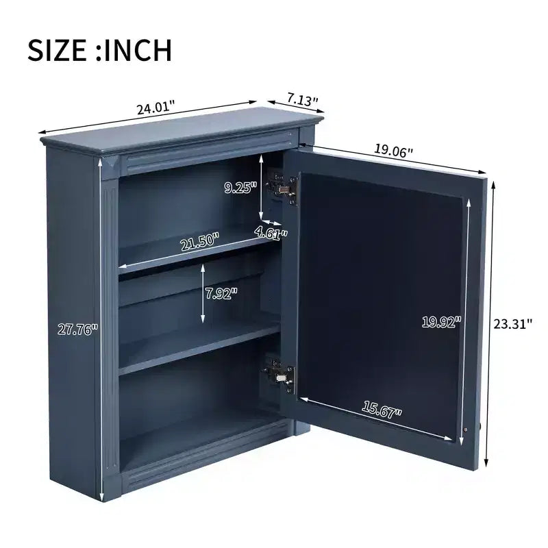 Mobile da bagno a parete con specchio, 3 ripiani, anta singola, Bianco / Blu