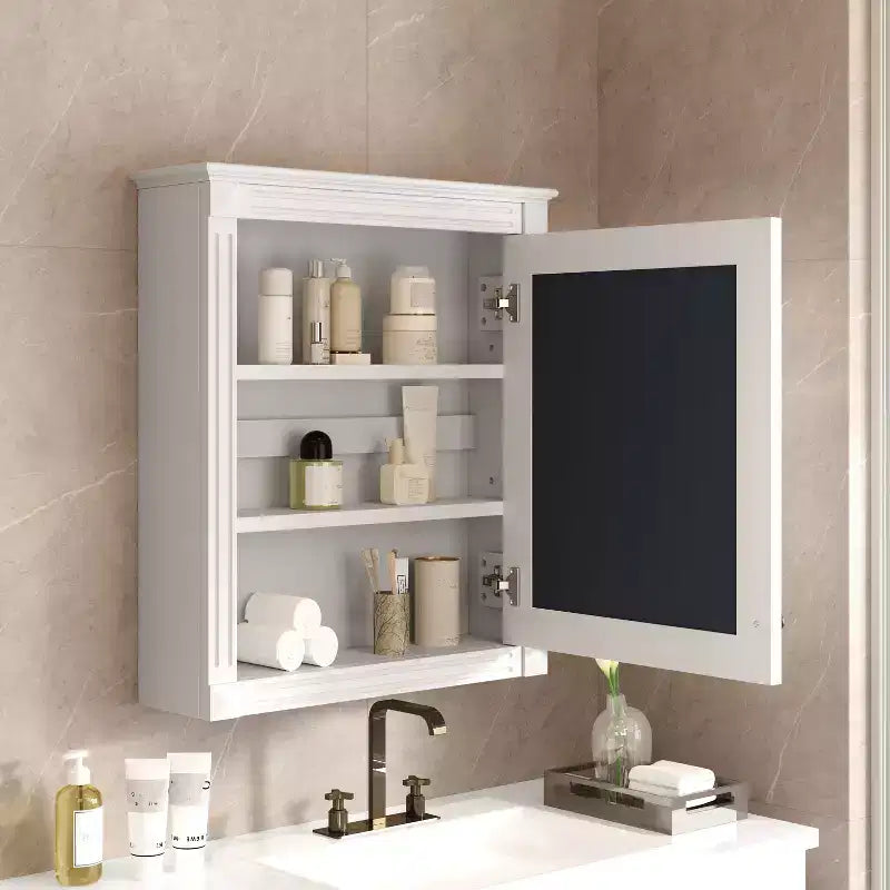 Mobile da bagno a parete con specchio, 3 ripiani, anta singola, Bianco / Blu