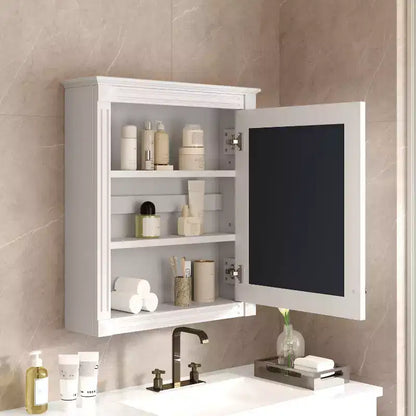 Mobile da bagno a parete con specchio, 3 ripiani, anta singola, Bianco / Blu