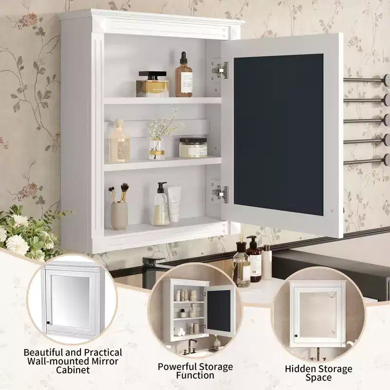 Mobile da bagno a parete con specchio, 3 ripiani, anta singola, Bianco / Blu
