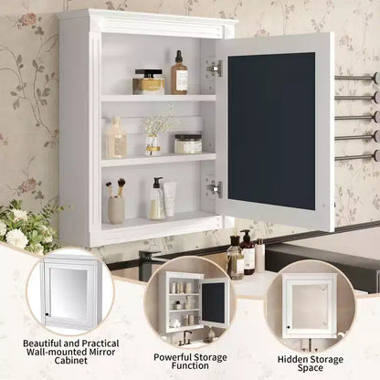 Mobile da bagno a parete con specchio, 3 ripiani, anta singola, Bianco / Blu