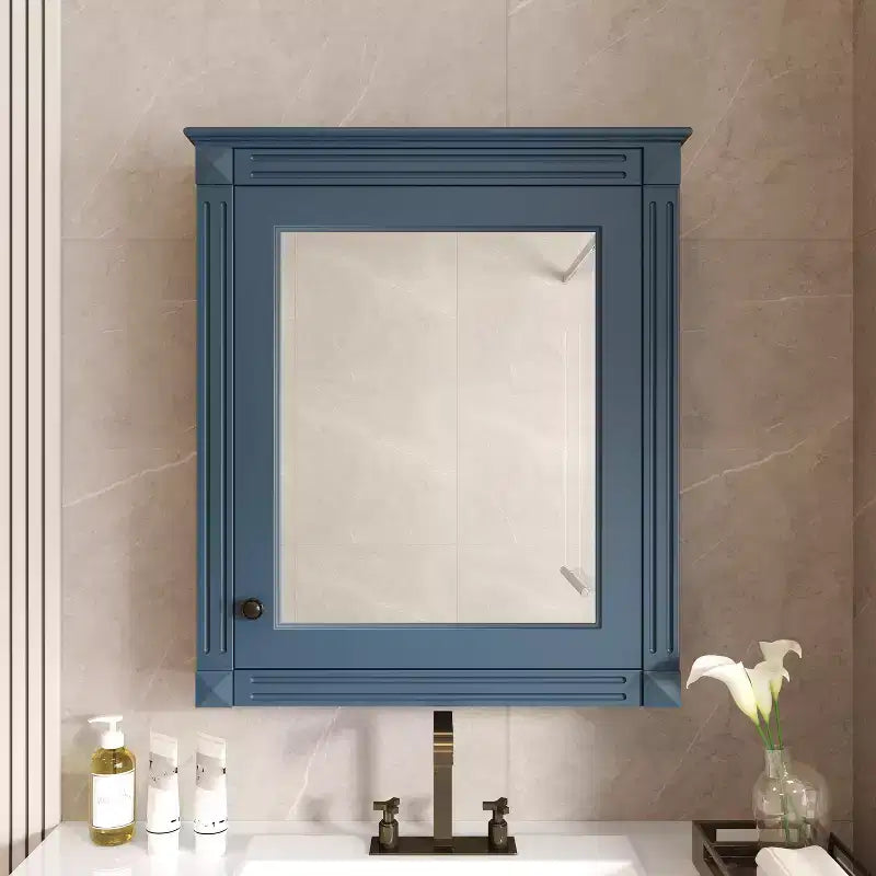 Mobile da bagno a parete con specchio, 3 ripiani, anta singola, Bianco / Blu