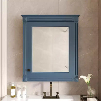 Mobile da bagno a parete con specchio, 3 ripiani, anta singola, Bianco / Blu