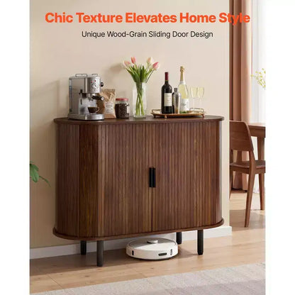 Mobile Bar/Credenza in Noce a Scanalature, Stile Mid-Century, con 2 Ante Scorrevoli