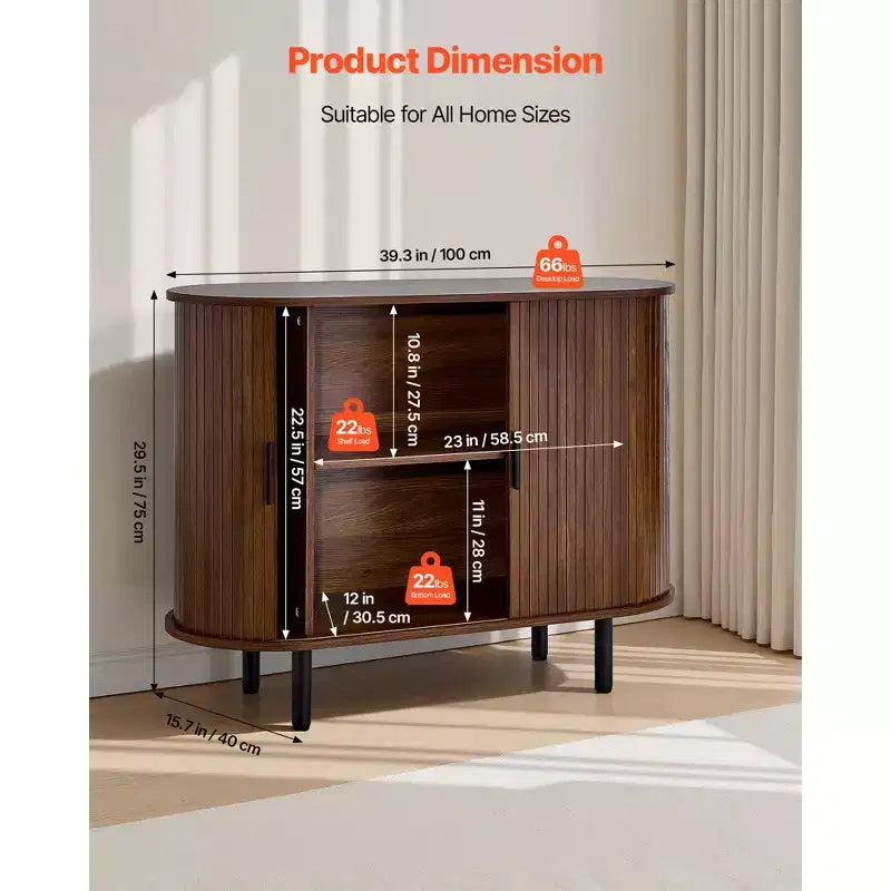 Mobile Bar/Credenza in Noce a Scanalature, Stile Mid-Century, con 2 Ante Scorrevoli