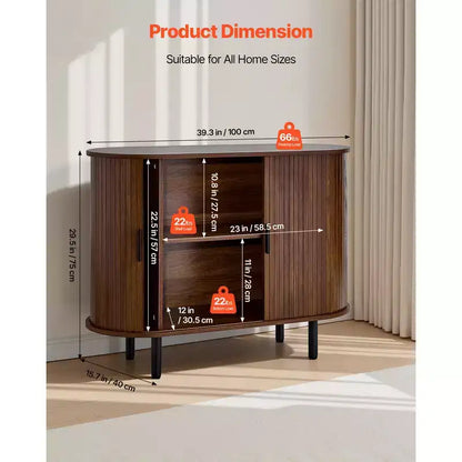 Mobile Bar/Credenza in Noce a Scanalature, Stile Mid-Century, con 2 Ante Scorrevoli