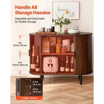 Mobile Bar/Credenza in Noce a Scanalature, Stile Mid-Century, con 2 Ante Scorrevoli