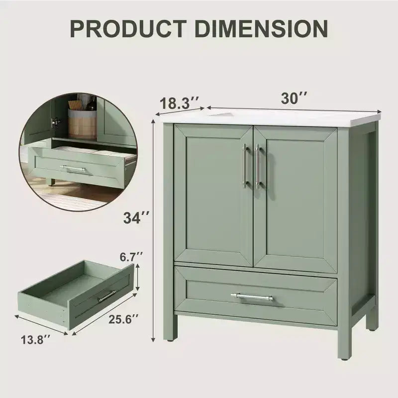 Mobile lavabo da bagno freestanding in verde chiaro/legno naturale/noce/bianco con lavello, 24"/30"/36", singolo