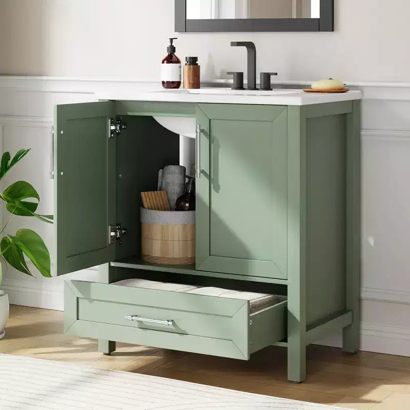 Mobile lavabo da bagno freestanding in verde chiaro/legno naturale/noce/bianco con lavello, 24"/30"/36", singolo