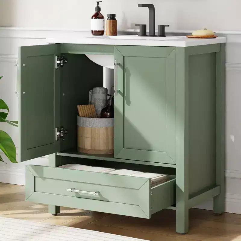 Mobile lavabo da bagno freestanding in verde chiaro/legno naturale/noce/bianco con lavello, 24"/30"/36", singolo