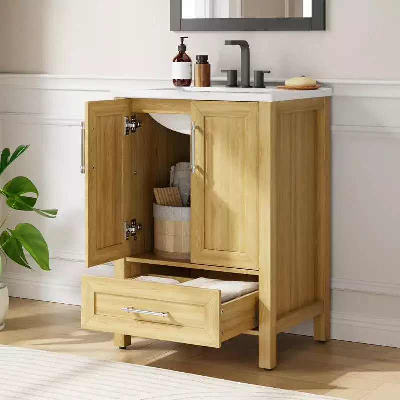 Mobile lavabo da bagno freestanding in verde chiaro/legno naturale/noce/bianco con lavello, 24"/30"/36", singolo