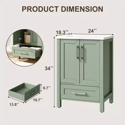 Mobile lavabo da bagno freestanding in verde chiaro/legno naturale/noce/bianco con lavello, 24"/30"/36", singolo