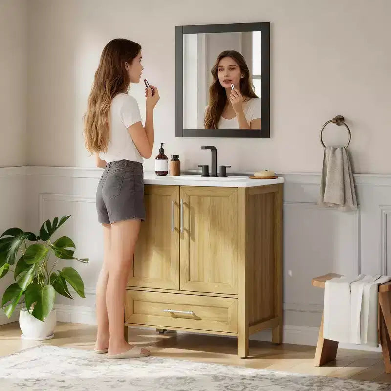 Mobile lavabo da bagno freestanding in verde chiaro/legno naturale/noce/bianco con lavello, 24"/30"/36", singolo