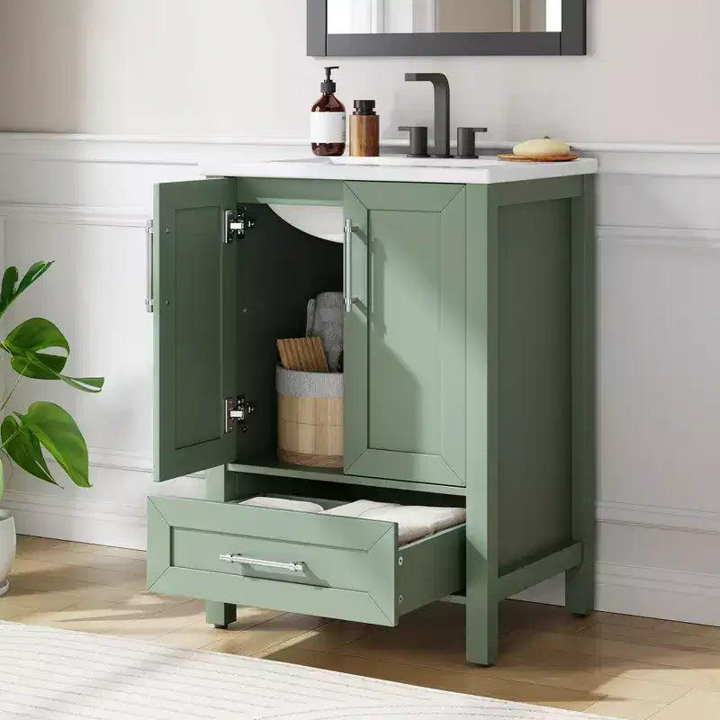 Mobile lavabo da bagno freestanding in verde chiaro/legno naturale/noce/bianco con lavello, 24"/30"/36", singolo