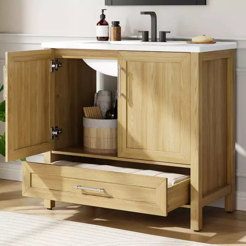 Mobile lavabo da bagno freestanding in verde chiaro/legno naturale/noce/bianco con lavello, 24"/30"/36", singolo