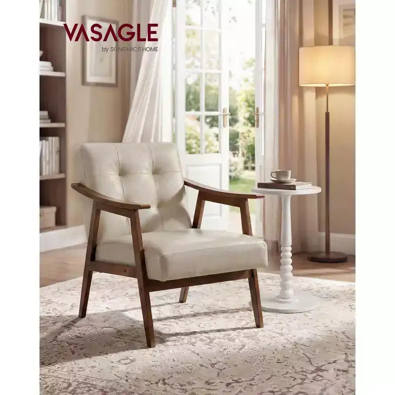 Poltrona imbottita in similpelle trapuntata beige/nero/marrone/bianco, stile Mid-Century, seduta singola
