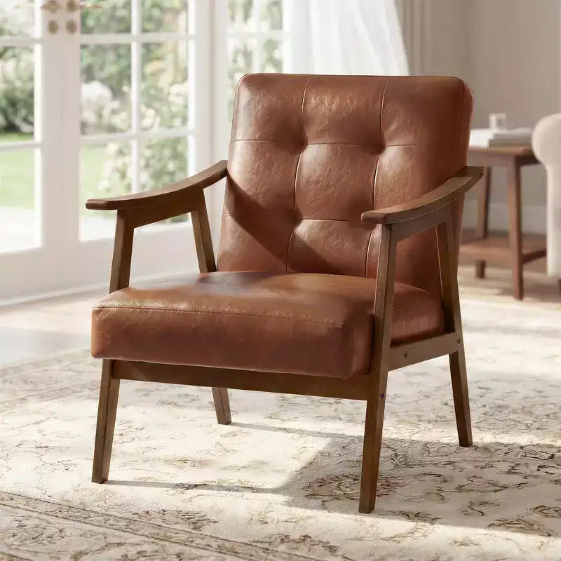 Poltrona imbottita in similpelle trapuntata beige/nero/marrone/bianco, stile Mid-Century, seduta singola