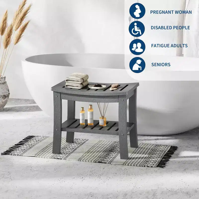 Panca doccia in HDPE nero/grigio con ripiano portaoggetti, senza braccioli, 181 kg, 1 persona