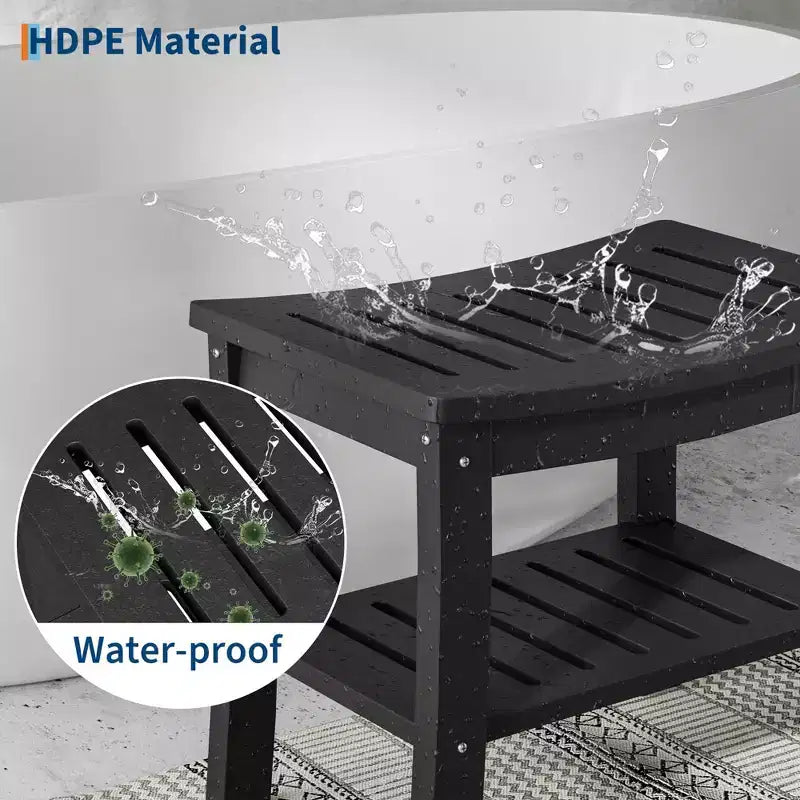 Panca doccia in HDPE nero/grigio con ripiano portaoggetti, senza braccioli, 181 kg, 1 persona