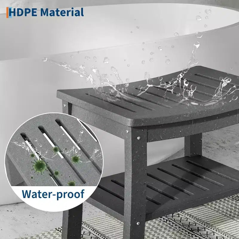 Panca doccia in HDPE nero/grigio con ripiano portaoggetti, senza braccioli, 181 kg, 1 persona